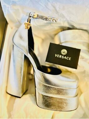 VERSACE Authentic Aevitas Medusa Silver Leather Chunky Platforms Runway NWB